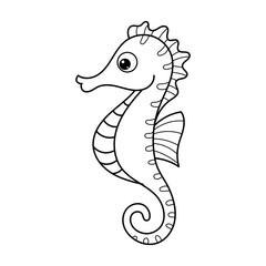 A simple black and white line drawing of a cute seahorse, perfect for coloring activities or educational materials.