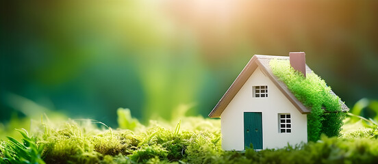 A miniature model of a house with a green roof and a blue door, placed on a bed of green moss in a lush, green garden with sunlight filtering through the leaves.