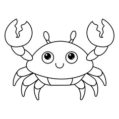 A cute, smiling cartoon crab with big eyes and claws, drawn in a simple black-and-white outline style.