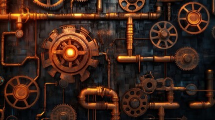 Obraz premium network mechanical background with complex gears, pipes, and luminous lines forming a futuristic digital web, emphasizing the integration of technology