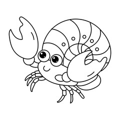 A cute cartoon hermit crab with big eyes and claws, outlined for coloring.