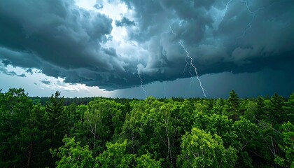 Stormy sky above a dense, brooding forest, sharp streaks of lightning clawing through the dense, slate-gray clouds, vibrant green trees shivering in the wind