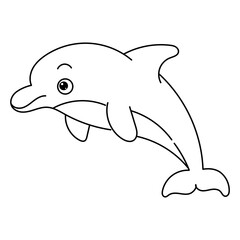 Simple black and white line drawing of a playful dolphin.