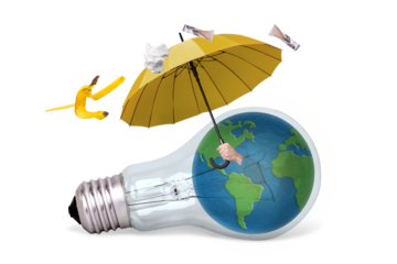 Poster banner creative collage of globe inside light bulb innovative decision for ecology protection from garbage