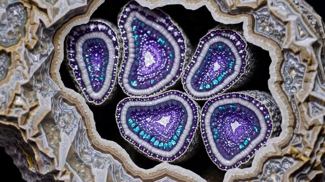 Shimmering geode exploration: sparkling crystal patterns in stone cavern reveal