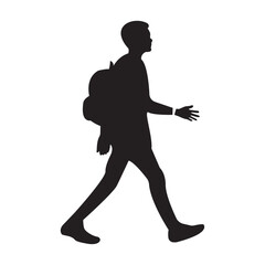 Silhouette of a Traveler Walking with Backpack Isolated on White Background