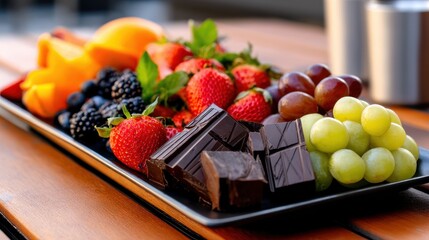 A vibrant platter of fresh fruits and chocolate arranged beautifully on a wooden table outdoors