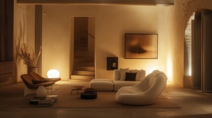 With its minimalist decor and soft lighting, the chic living room becomes a cozy sanctuary, offering a stylish yet comfortable space for the evening.