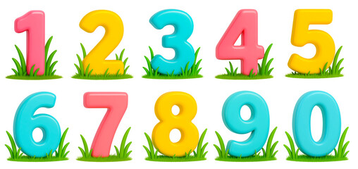 Bright cartoon 3D numbers 0 to 9 sitting on playful green grass patches with vibrant pastel colors on transparent PNG background
