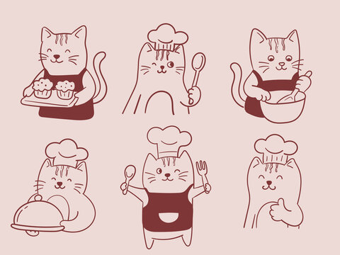 Hand-drawn cartoon cats dressed as chefs cooking and baking in kitchens, showcasing aprons, trays, cupcakes, spoons, and bowls, ideal for bakery logos, recipe books,