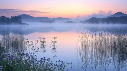 Fototapeta premium Sunrise over misty lake surrounded by mountains and flora