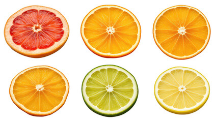 Obraz premium Citrus Fruit Slices: A vibrant collection of citrus fruit slices—grapefruit, orange, lemon, and lime—arranged in a visually appealing pattern, showcasing their juicy textures and colors.