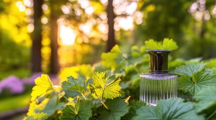 Elegant perfume bottle nestled among vibrant green leaves in a serene garden at sunset