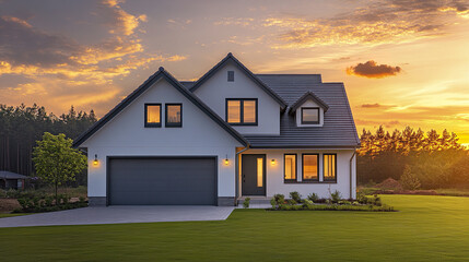 Modern family house with integrated garage sunset, showcasing beautiful architecture