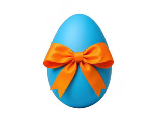 Decorated Easter Egg: A vibrant blue Easter egg is adorned with a bright orange bow, set against a minimalist backdrop, representing the joy and anticipation of the holiday.