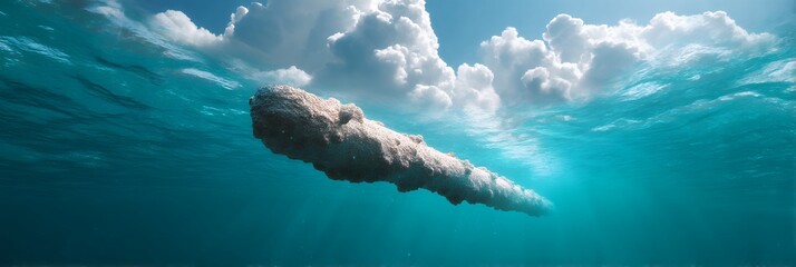 A fluffy, cloud-like object floats underwater beneath dramatic clouds and sun rays, blending sky and sea in a surreal, serene scene.