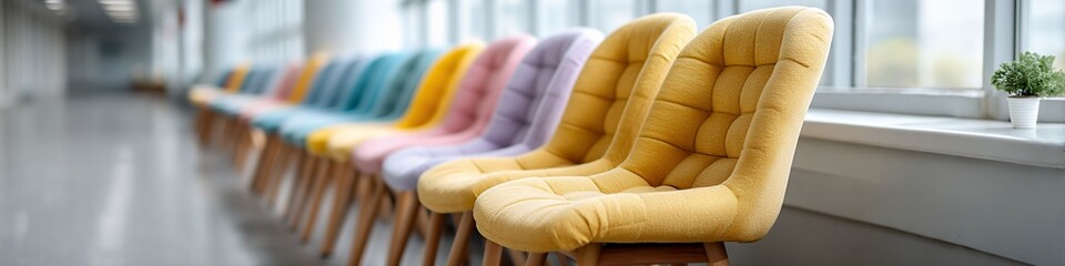 A row of colorful cushioned chairs lines a bright hallway beside large windows with natural light.