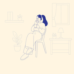 Woman Relaxing with Coffee at Home - Cozy Flat Minimalist Illustration