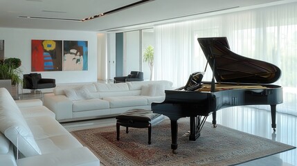 The living room features a polished piano, creating a striking focal point in the contemporary space with sleek furniture and minimalist design