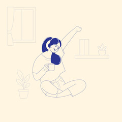 Woman Relaxing with Morning Coffee at Home, Minimalist Line Art Illustration