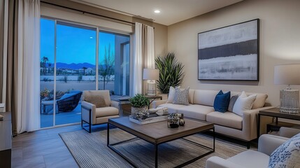 Fototapeta premium The living room features sleek, contemporary furnishings, where soft lighting creates a cozy, welcoming ambiance perfect for evening relaxation.
