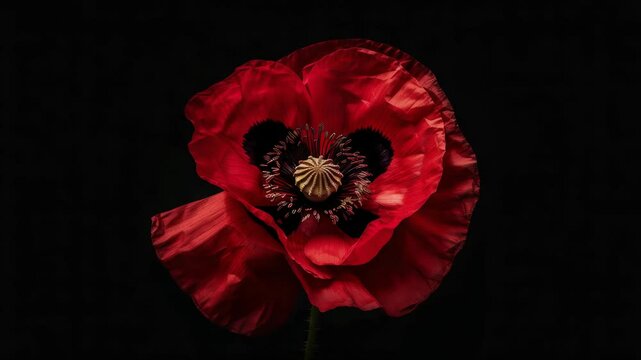Red poppy flower on black background. Remembrance Day, Armistice Day, Anzac day symbol, floral, flora, blossom, closeup, garden, bloom, 