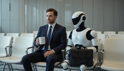 Man and Robot Sitting Awaiting in Waiting Room