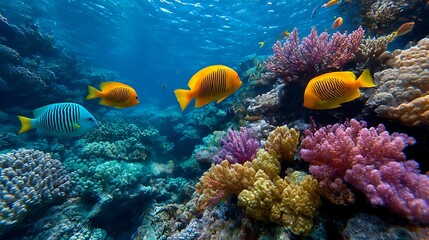 Obraz premium 色鮮やかなサンゴ礁と泳ぐ熱帯魚