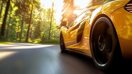 Sporty yellow car cruising along a sunlit forest road, dynamic motion captured, vibrant colors, perfect for automotive themes.