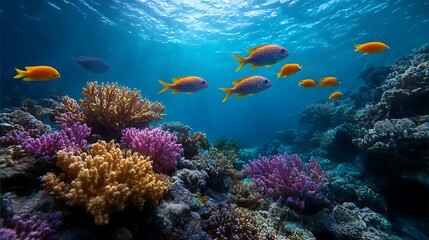 Fototapeta premium 色鮮やかなサンゴ礁と泳ぐ熱帯魚