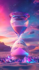 Glass hourglass with sand in it is set on a beach. The sand is purple and the sky is pink