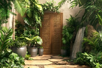 Obraz premium Tropical garden walkway with ornate wooden door.