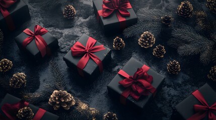 Fototapeta premium Holiday Elegance: a stunning arrangement of dark gift boxes, adorned with rich red ribbons and surrounded by the natural beauty of pinecones and delicate evergreen sprigs.