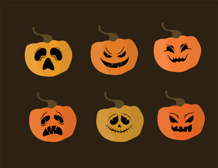 Halloween pumpkins with various facial expressions on a dark background for spooky design