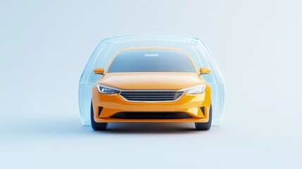 Sleek electric vehicle in vibrant yellow, modern design against soft blue background, perfect for eco-friendly themes.