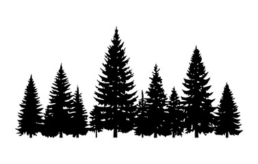 Row of Pine Tree Silhouettes, Black Evergreen Forest Landscape, Minimalist White Background