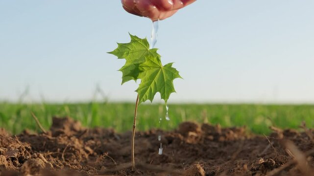 Human hand watering young tree sapling growing in soil close up