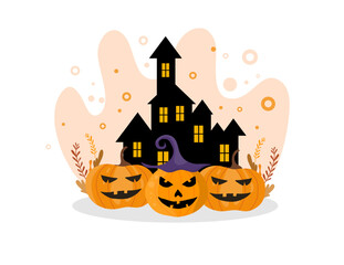 Spooky Haunted House with Pumpkins in Fun Halloween Illustration Style