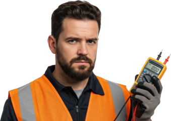 Focused Electrician Holding a Multimeter Ready for Work