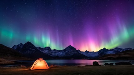 Vibrant Northern Lights Over Mountains with Illuminated Tent at Night