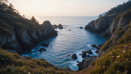 Obraz premium Coastal View of Ocean Inlet with Cliffs and Waves