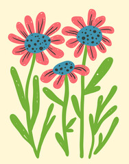 Floral composition with bold bright hand-drawn textured crazy flowers, a ready-made template for funny modern poster or postcard in naive style, vector illustration