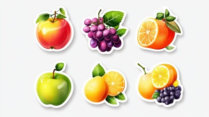 A playful fruit pack sticker with neatly arranged apples, grapes, and citrus fruits. Mood: fresh and appetizing