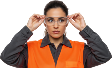 Focused Female Worker Adjusting Clear Safety Glasses