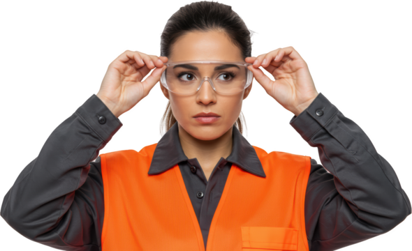 Focused Female Worker Adjusting Clear Safety Glasses
