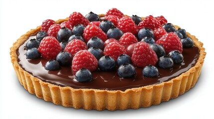 berries, including blueberries, raspberries, and strawberries, showcasing a glossy chocolate filling and a delicate pastry crust