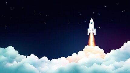Obraz premium A sleek rocket launching into a starry sky above fluffy clouds, symbolizing exploration and innovation