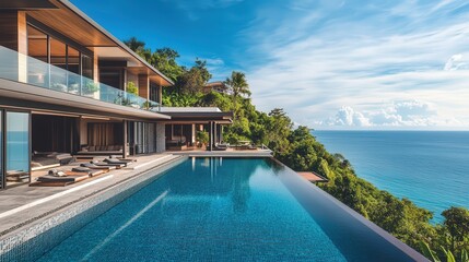 Fototapeta premium the cliff edge features an infinity pool that merges effortlessly with the horizon, presenting stunning views of the endless sea.