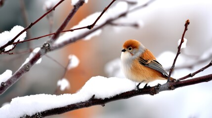 A small, colorful bird perched on a snow-covered branch in a serene winter landscape
