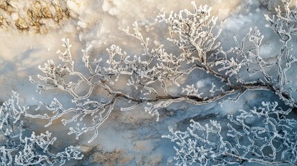 frost-covered branches with ice flakes glimmering in the early sunlight